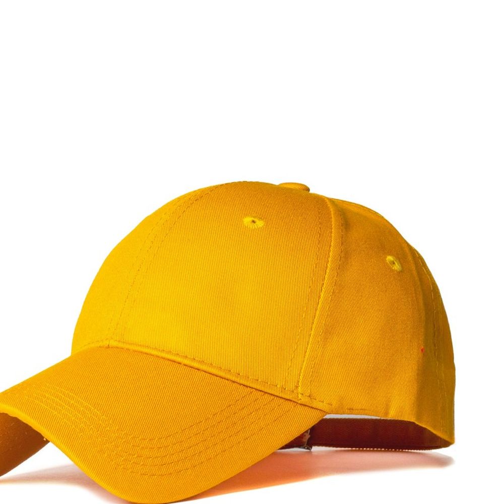 Amber yellow baseball cap with a curved brim on a white background