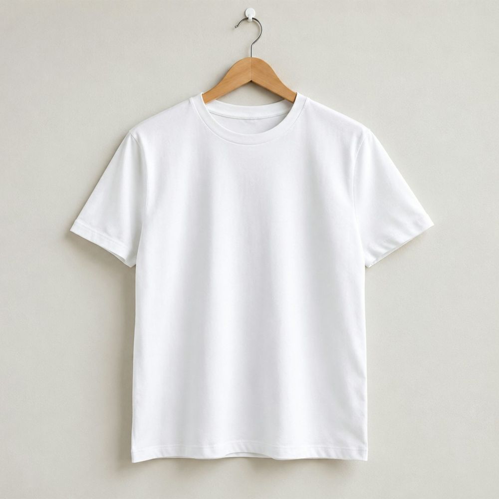 White short-sleeve crew-neck t-shirt hanging on a wooden hanger against a light grey wall